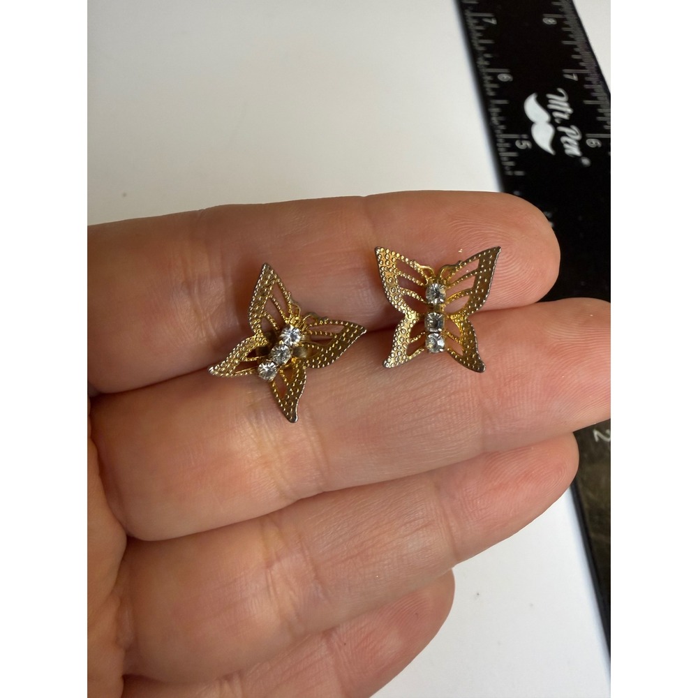 Vintage Gold Tone Butterfly Rhinestone Stud Earrings Openwork Textured Wings